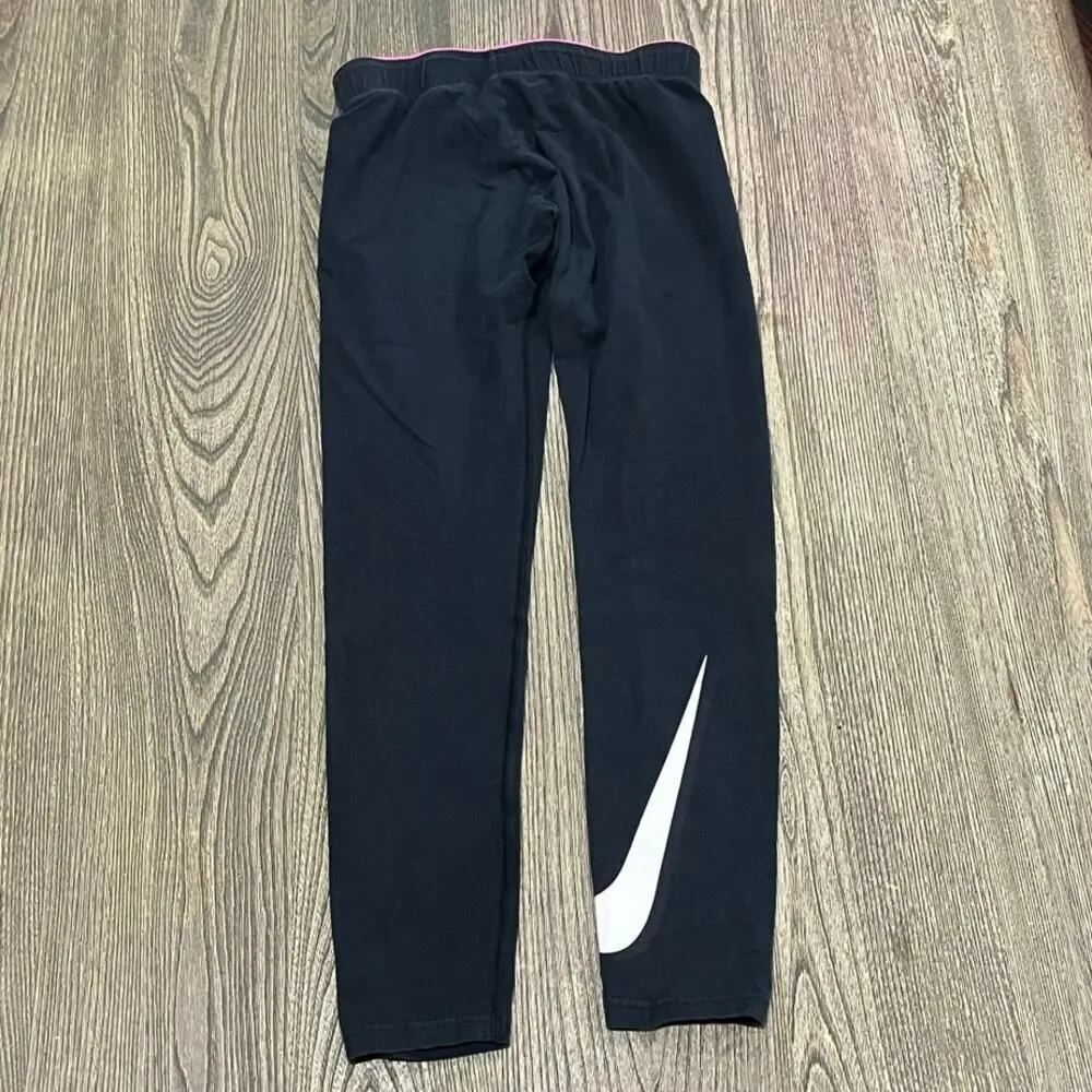Nike Girls Youth Mid Rise Elastic Waist Pull-On Swoosh Print Logo Black Size L